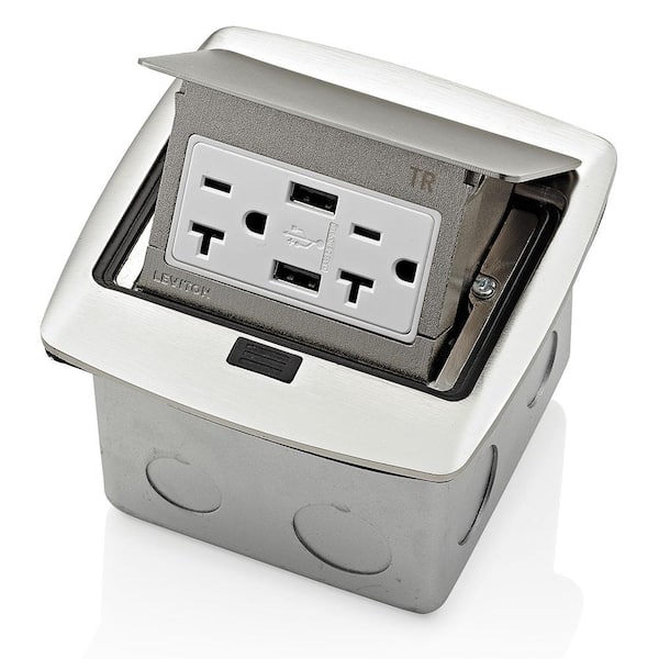 Leviton Pop-Up Floor Box with Dual Type A, 3.6 Amp USB Charger, 20Amp Outlet, Brushed Nickel PFUS2-BN