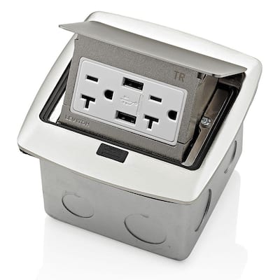 Pop-Up Floor Box with Dual Type A, 3.6 Amp USB Charger, 20Amp Outlet, Brushed Nickel