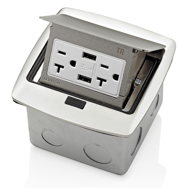 Leviton Pop-Up Floor Box with Dual Type A, 3.6 Amp USB Charger, 20Amp Outlet, Brushed Nickel