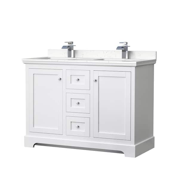 Wyndham Collection Avery 48 in. W x 22 in. D Double Vanity in White with Cultured Marble Vanity Top in Light-Vein Carrara with White Basins