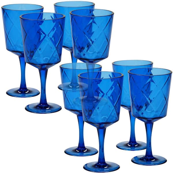 EcoQuality Blue Plastic Wine Glasses with Clear Stem - 9 oz Wine Glass,  Disposable Shatterproof Wine Goblets, Reusable, Elegant Drink Cup Tumbler