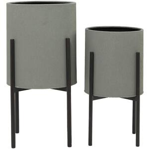 14 in. x 23 in. Round Indoor Outdoor Textured Exterior Gray Metal Planter with Removable Stand (Set of 2)