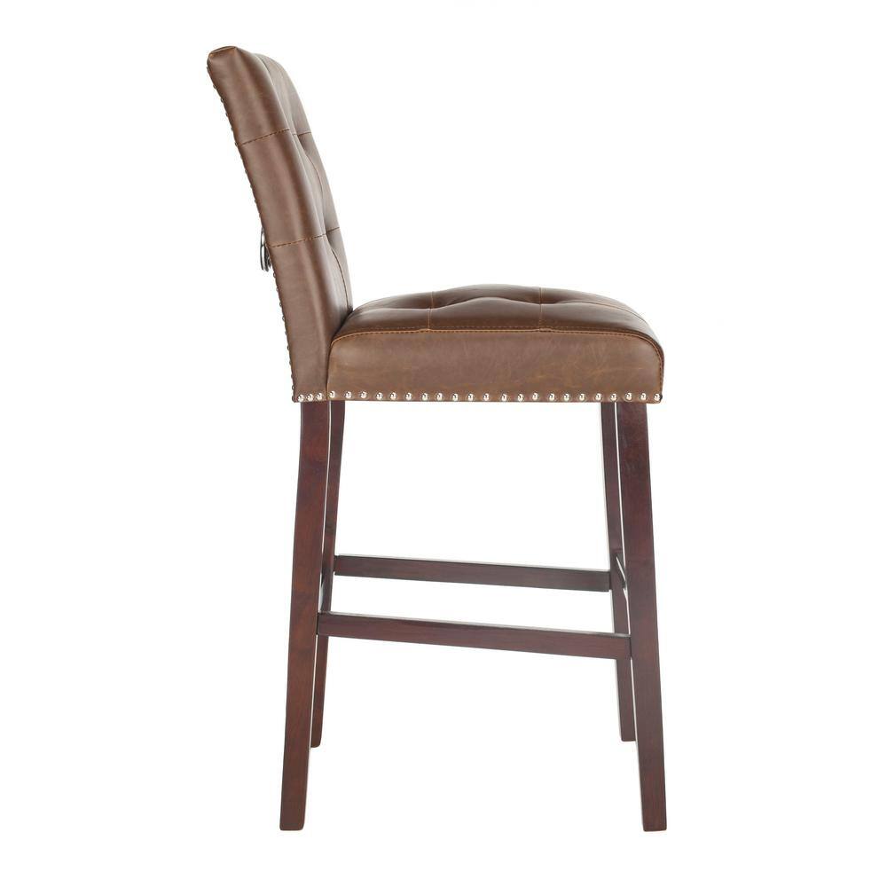 Nikita Brown Leather and Wood Bar Stools, Set of 2