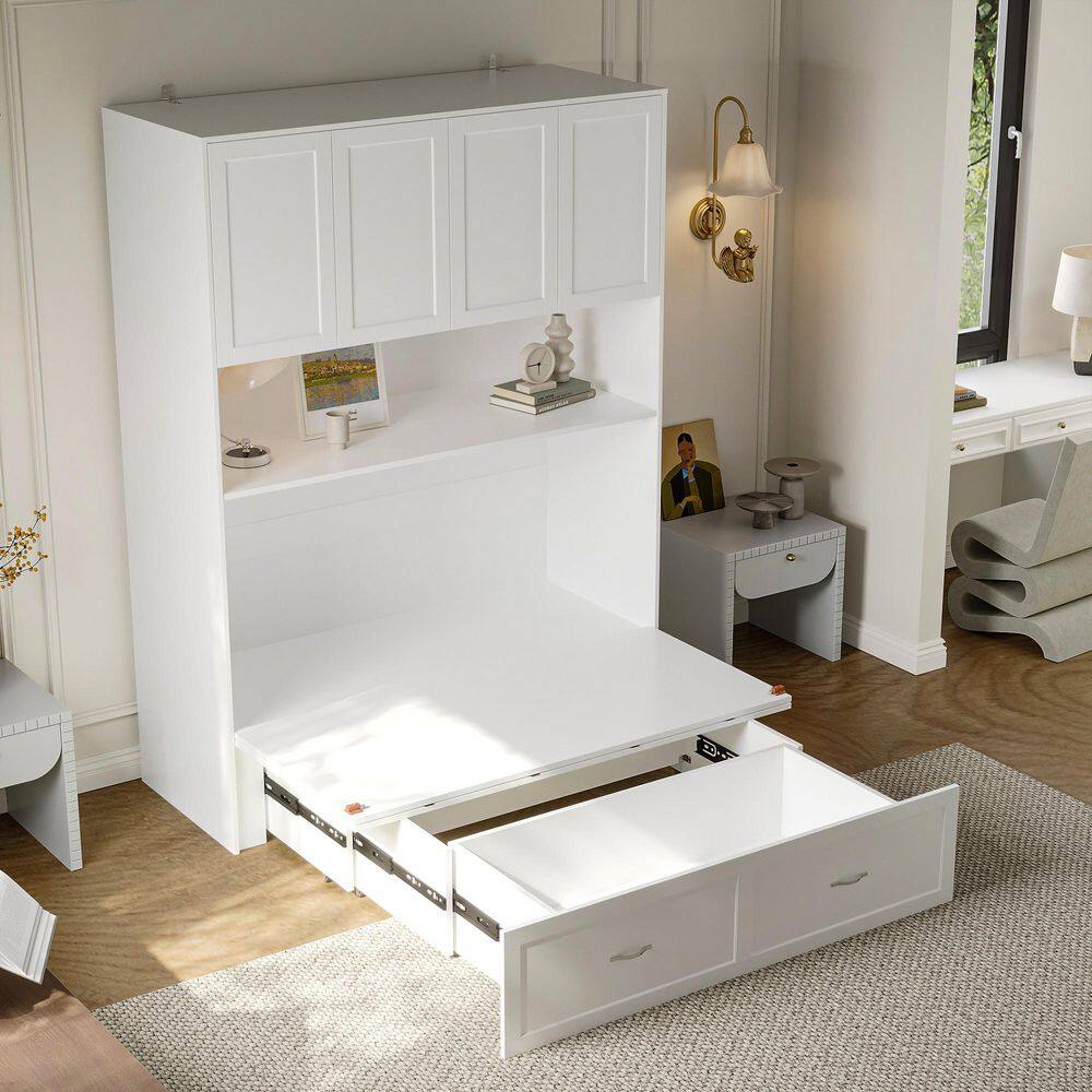 White Wood Frame Full Size Platform Bed, Murphy Bed with 3-Large Storage Shelves, Bed and Bookcase 2 in 1 - thumbnail 9