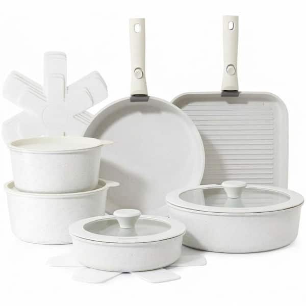 17 Piece White Granite Nonstick Cookware Set Induction Ready with Removable Handles Easy Storage Dishwasher Safe