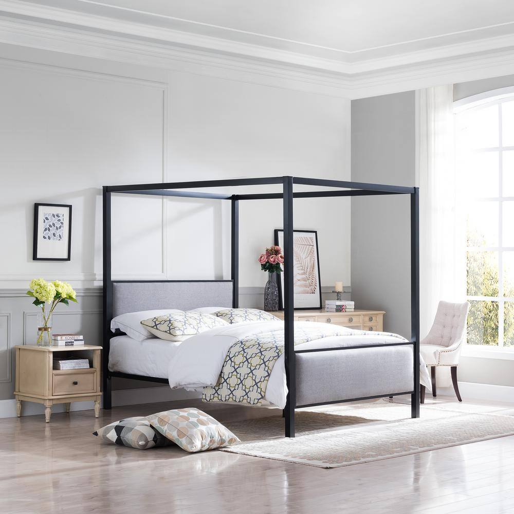 Elegant Gray Fabric Upholstered Queen Platform Bed with Metal Frame