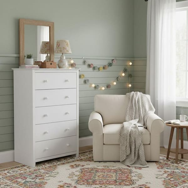 Brooklyn White 5 Drawer 29.5 in. W Solid Wood Chest of Drawers