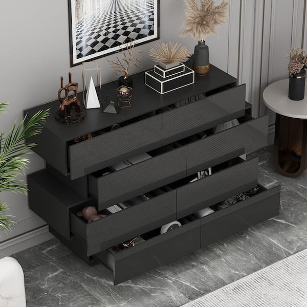 50.6 in. W High Gloss Black Wood 8-Drawer Chest of Drawers Storage Cabinet Modern Style, 16.2 in. D x 39.2 in. H