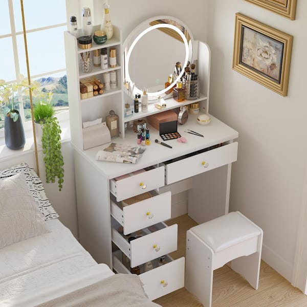 WIAWG 5-Drawers White Wood Makeup Vanity Set Dressing Desk W/ Stool, LED Round Mirror and Storage Shelves 52x 31.5x 15.7 in.