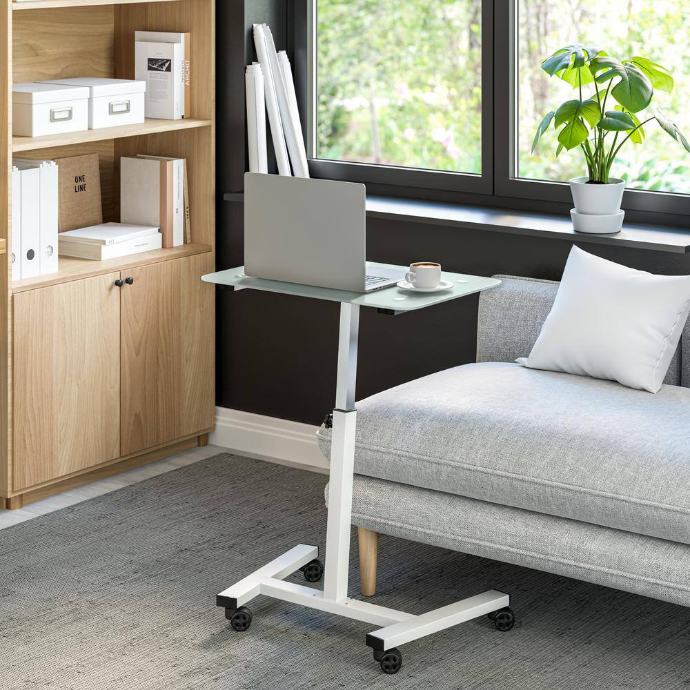 White Adjustable Height Glass Mobile Laptop Desk Cart