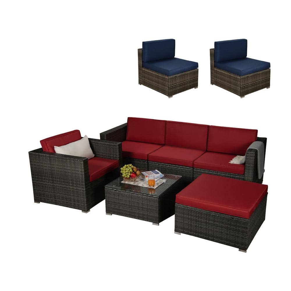 Brown 6-Piece Wicker Outdoor Sectional Set Patio Conversation Sets with Red