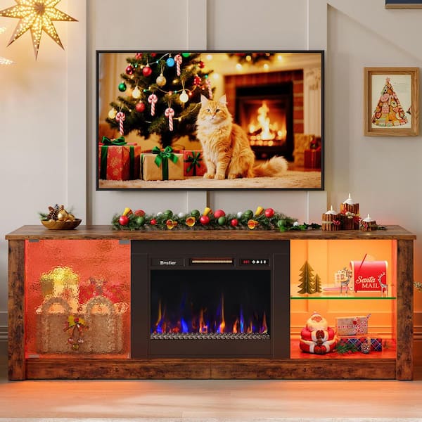 63 in. Freestanding Electric Fireplace TV Stand Media Console Fits TV'​s Up to 70 in. with Cabinet in Rustic Brown