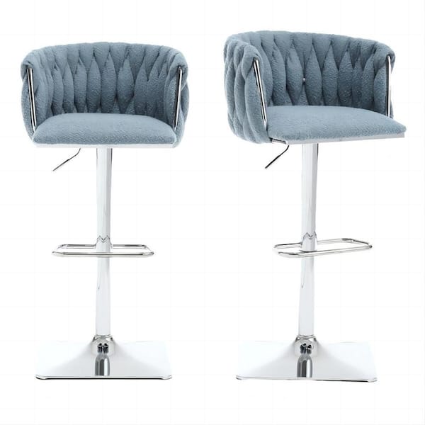 HOMEFUN 32.68 in. Light Blue Boucle Seat High Back Metal Frame Adjustable Hight Cushioned Bar Stool (Set of 2)