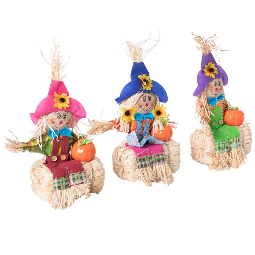Multicolor Fabric and Hay Trio Scarecrows for Halloween and Fall Decor