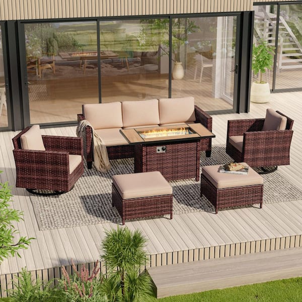 6-Pieces Patio Conversation Set with Rectangle Fire Pit Table and Swivel Rocking Chairs, Brown Wicker Sand Cushion