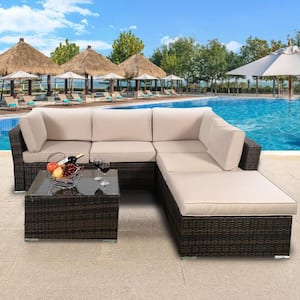 6-Piece Wicker Outdoor Sectional Set with Beige Cushions and Tempered Glass Top Coffee Table