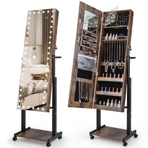 Brown MDF Jewelry Cabinet Armoire Mirror with 3-Color 46 LED Lights & Adjustable Height & Wheels