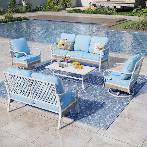 PHI VILLA White 5-Piece Metal Outdoor Patio Conversation Seating Set with Swivel Chairs, Marbling Coffee Table and blue Cushions