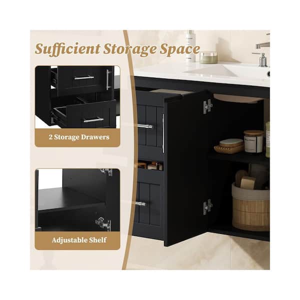 36 in. Floating Black Bath Vanity with White Ceramic Top, 2-Drawers and Adjustable Shelf