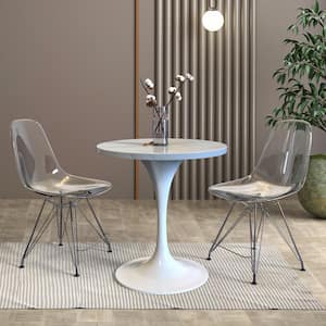 27 in. Round Dining Table with a White Resin Tabletop Modern Stainless Steel Pedestal Base