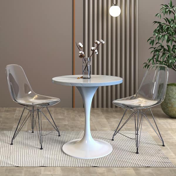 Leisuremod 27 in. Round Dining Table with a White Resin Tabletop Modern Stainless Steel Pedestal Base