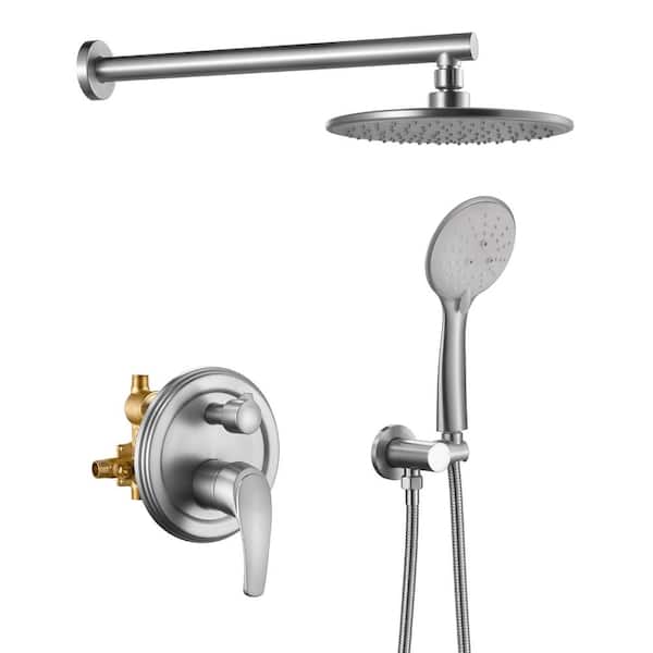 Aurora Decor Pomelo 5-Spray Patterns with 9 in. Wall Mount Dual Shower Heads with Valve in Brushed Nickel