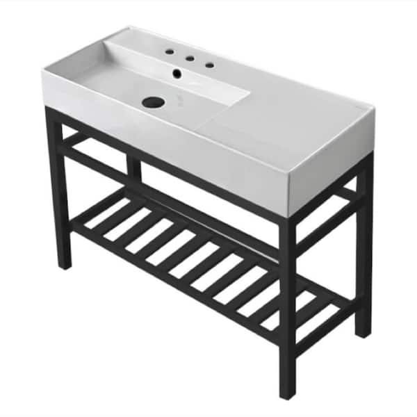 Nameeks Teorema 2-Ceramic White Console Sink and Leg Combo in Matte Black