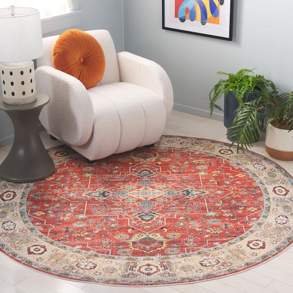 Arizona 6 ft. x 6 ft. Rust/Beige Machine Washable Border Ornate Round Area Rug