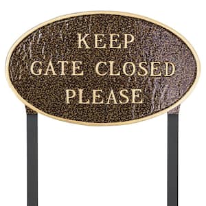 Keep Gate Closed Please Large Oval Statement Plaque with Lawn Stakes Hammered Bronze