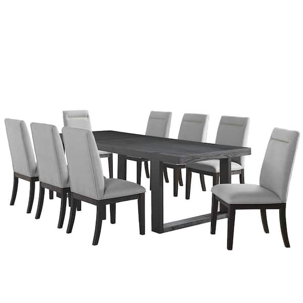 Yves Rubbed Charcoal Wood Top with Grey Upholstered Chairs 9-Piece Dining Set