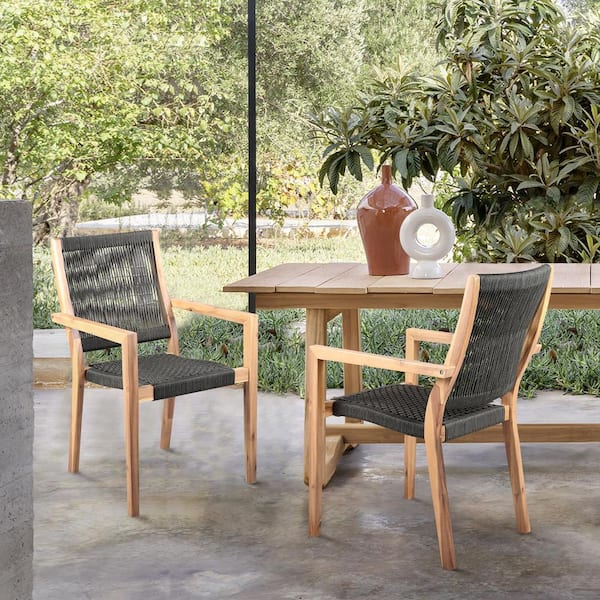 Armen Living Madsen Acacia Wood Outdoor Dining Chairs, Charcoal Rope (Set of 2)