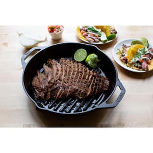 12 in. Cast Iron Grill Pan in Black with Dual Handles