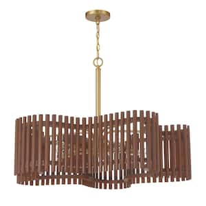 Freeform 5-Light Satin Brass Finish with Walnut Wooden Frame Chandelier for Kitchen Dining Foyer No Bulb Included
