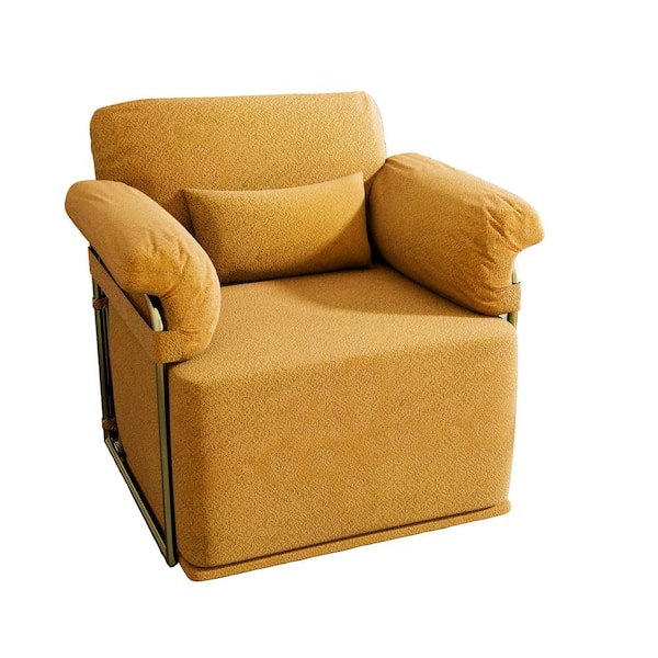 360° Square Swivel Accent Sofa Chair, Fluffy Fabric Lounge Upholstered Reading Chair with Gold Metal Legs, Orange