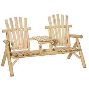 Natural 2-Seat Wood Outdoor Loveseat, Patio Adirondack Chair with Table, Fire Pit Chair for Porch, Backyard, Deck