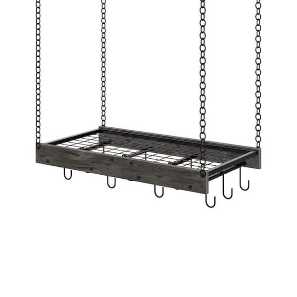 Charcoal Black Ceiling Mounted Hanging Pot Rack with 12 S-Shaped Hooks for Kitchen Cookware Storage