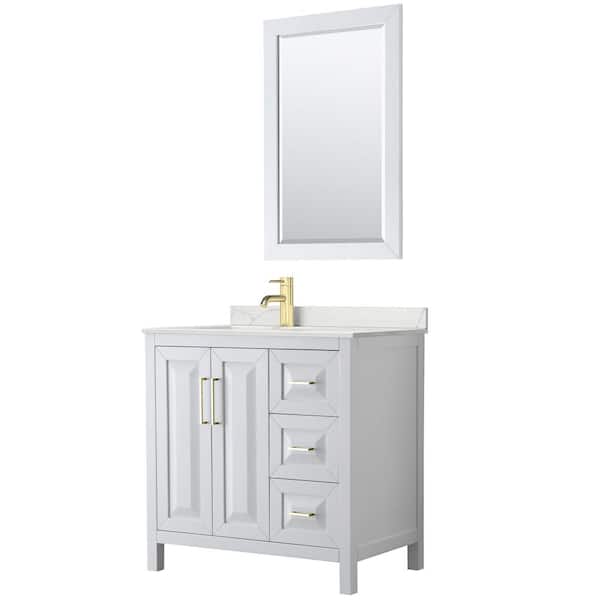 Wyndham Collection Daria 36 in. W x 22 in. D x 35.75 in. H Single Bath Vanity in White with Giotto Quartz Top and 24 in. Mirror