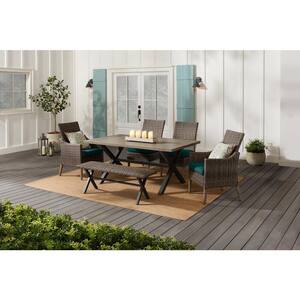 Rock Cliff 6-Piece Brown Wicker Outdoor Patio Dining Set with Bench and CushionGuard Malachite Green Cushions