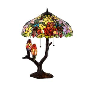 27 in. Floral Birds Multicolored Brown Table Lamp