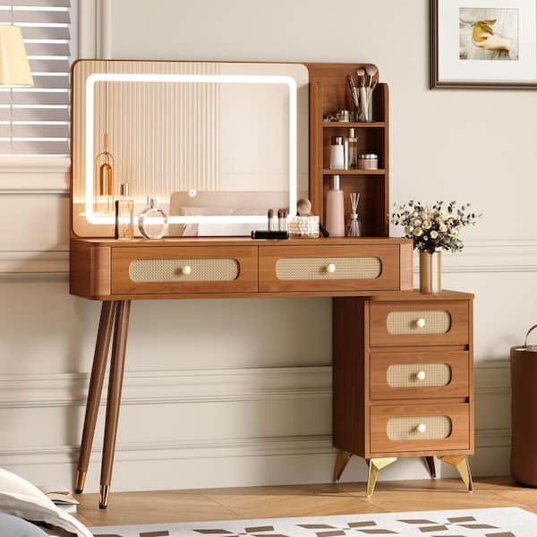 Walnut Brown 47.24 in. Wide Makeup Vanity Dresser with 5 Drawers, Mirror, 3 Color Adjustable Lights and Storage Shelf