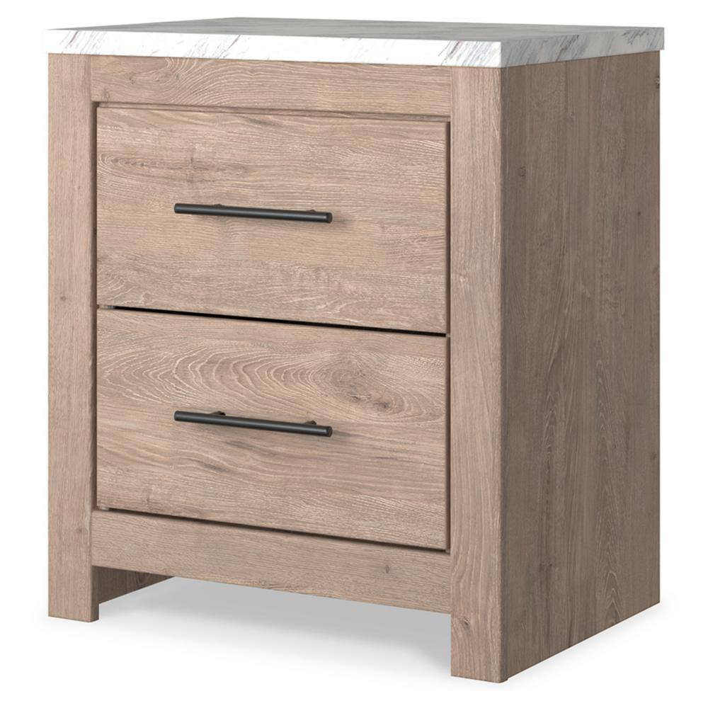 Light Brown and White Faux Marble Top 2-Drawer Nightstand
