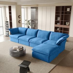 162.98 in. Flared Arm 5-Piece Linen Down-Filled Deep Seat Modular Free Combination Sectional Sofa with Ottoman in Blue