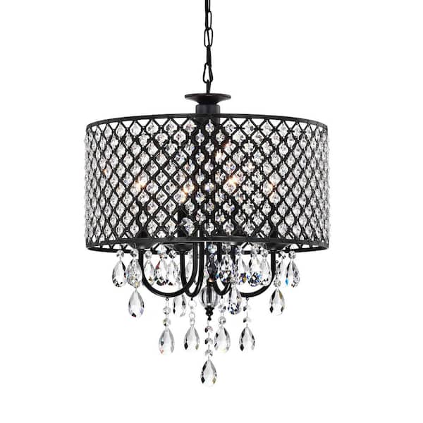 Maxax Indianapolis 4-Light Black Candle Style Drum Chandelier with Crystal Accents