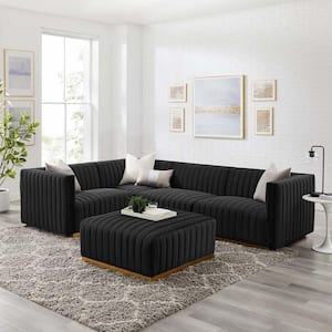 Conjure 114 in. W Channel Tufted Performance 5-Piece Velvet Sectional in Gold Black