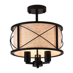 12.6 in. 3-Light Black Elegant Retro Style Semi-Flush Mount Ceiling Light with Fabric Lampshade