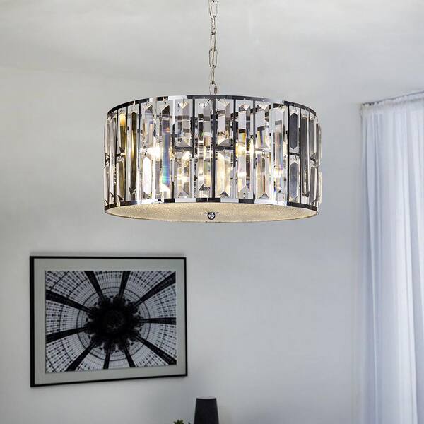 ALOA DECOR 4-Light Chrome Drum Crystal Chandelier with Wrought Iron Accents