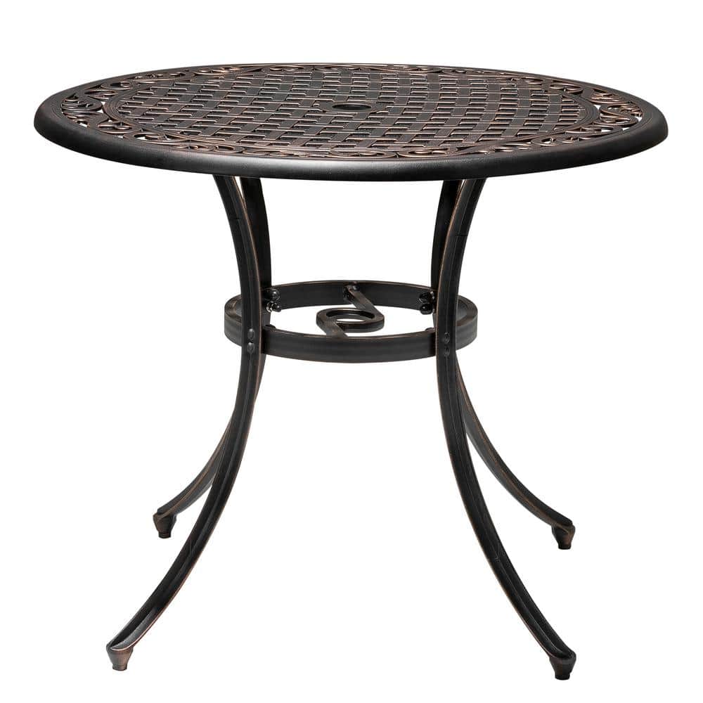 Bronze Round Cast Aluminum Patio Bistro Table with Umbrella Hole