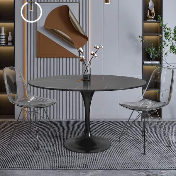 Verve Modern Black Sintered Stone 48 in. Tabletop with Black Stainless Steel Pedestal Base Dining Table Seats 4