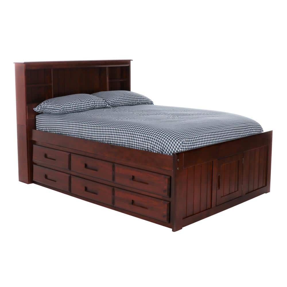 Rich Merlot Solid Pine Full Captain's Bookcase Bed with Storage Drawers