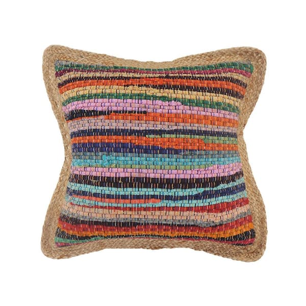 Unbranded Bohemian Multi-Color Flair Chindi Jute Border Poly-Fill 20 in. x 20 in. Indoor Throw Pillow
